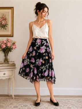 Dana Buchman 100% Silk Floral Midi Skirt Garden Party  Size 10